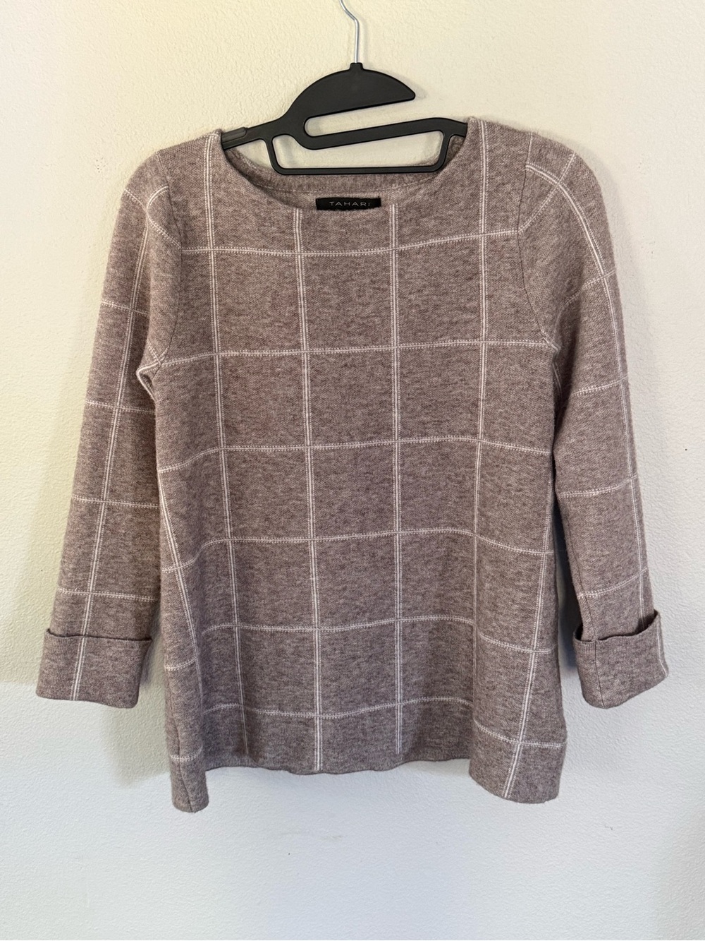 Tahari Sweater Folded Sleeve Crew Neck Pullover Top Plaid Women’s XS